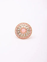 Carved Kundan Ring with Coloured Stone Centre, Adjustable Brass