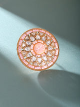 Carved Kundan Ring with Coloured Stone Centre, Adjustable Brass