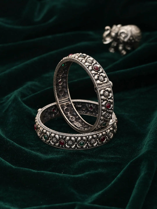 Beaded Floral Sterling Silver Openable Bangles Pair