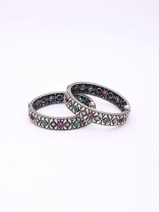 Beaded Floral Sterling Silver Openable Bangles Pair