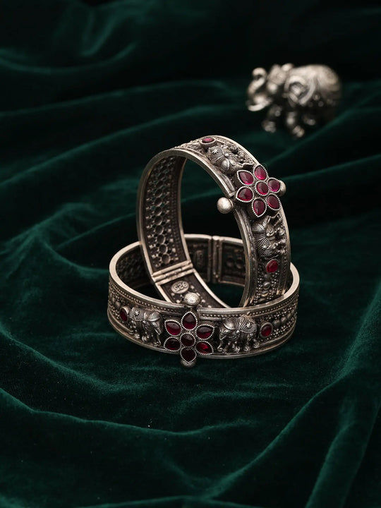Elephant Engraved Sterling Silver Openable Bangles Pair