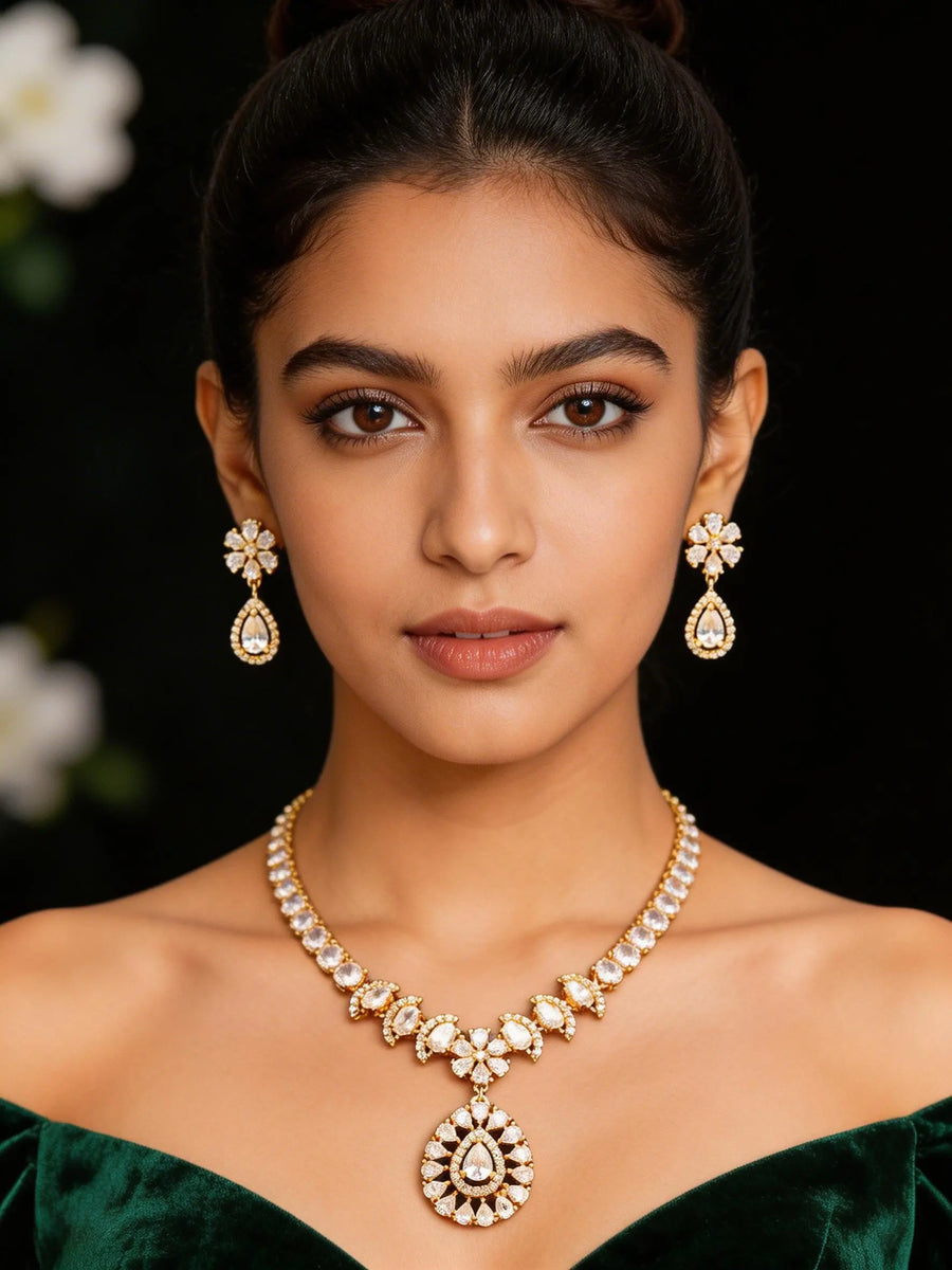 Zircon Studded Sterling Silver Necklace Set