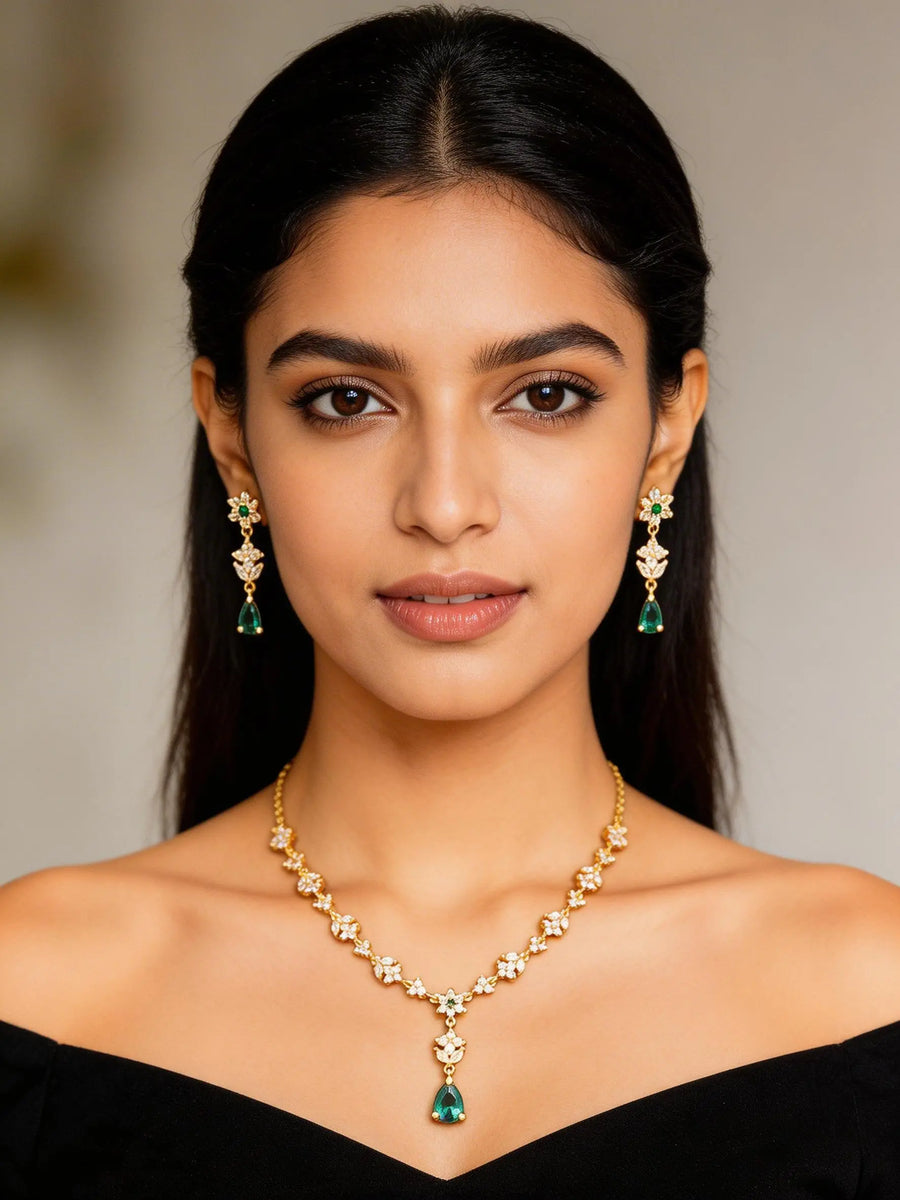 Floral Stone Studded Sterling Silver Gold Tone Necklace Set with Earrings