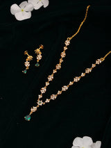 Floral Stone Studded Sterling Silver Gold Tone Necklace Set with Earrings