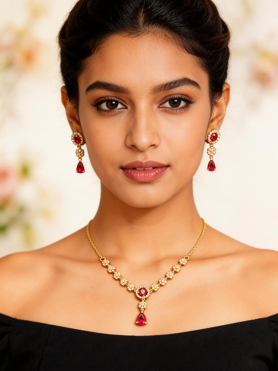 Floral Red Zircon Sterling Silver Necklace Set