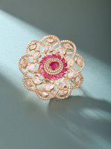 Kundan Floral Statement Ring in Dark Pink and Sea Green