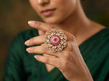 Kundan Floral Statement Ring in Dark Pink and Sea Green