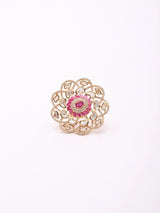 Kundan Floral Statement Ring in Dark Pink and Sea Green