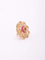 Kundan Floral Statement Ring in Dark Pink and Sea Green