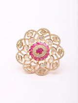 Kundan Floral Statement Ring in Dark Pink and Sea Green