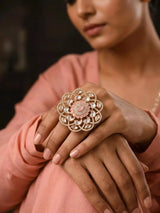 Kundan Floral Statement Ring in Dark Pink and Sea Green