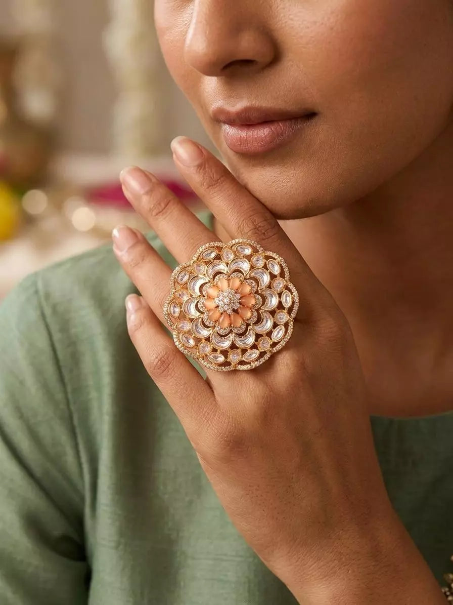 Floral Kundan Cocktail Ring in Orange and Sea Green