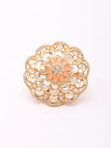 Floral Kundan Cocktail Ring in Orange and Sea Green