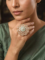 Floral Kundan Cocktail Ring in Orange and Sea Green