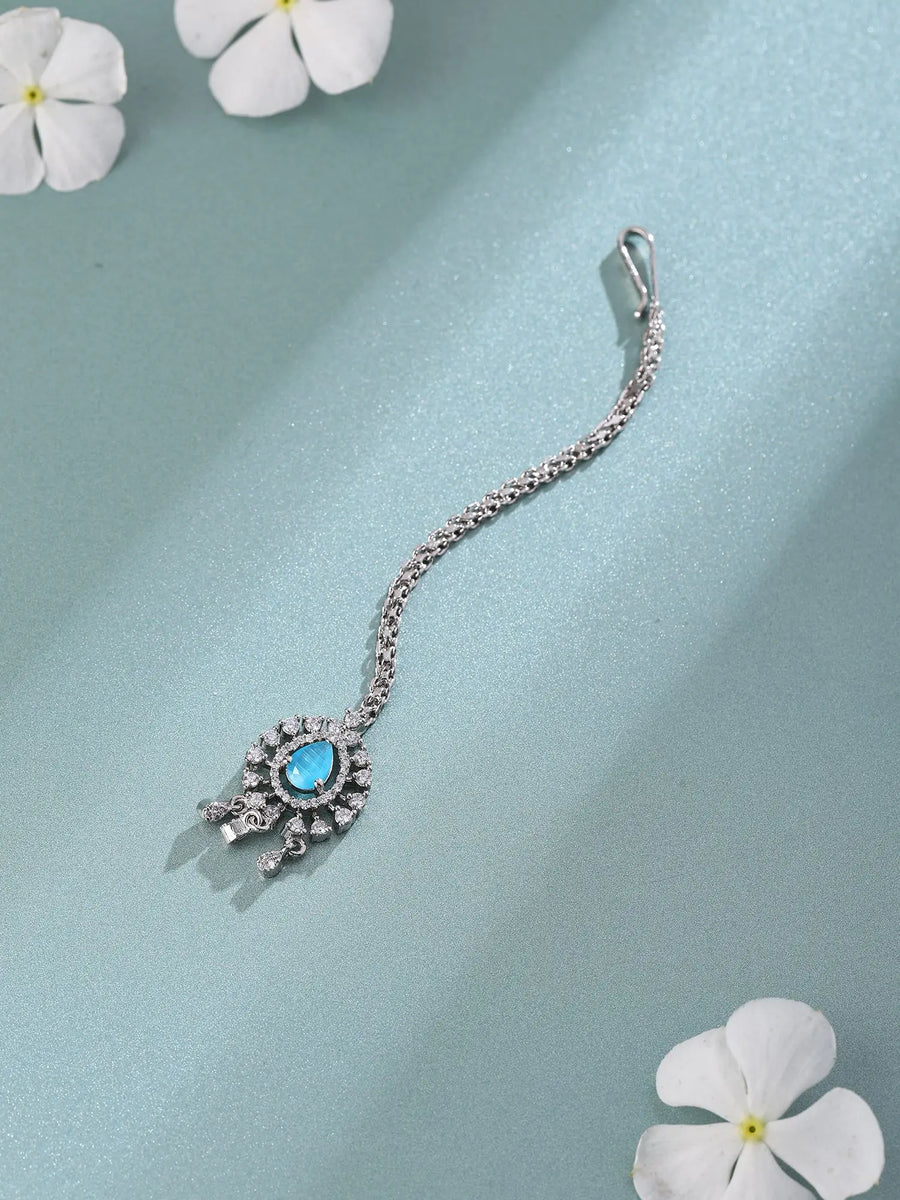 Teardrop Blue Stone and Crystal Sterling Silver Maang Tikka
