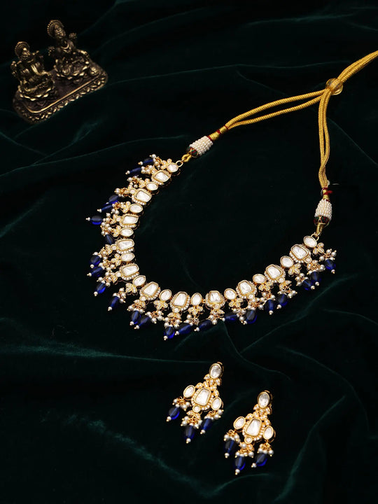 Kundan Sterling Silver Necklace Set with Blue Bead Drops