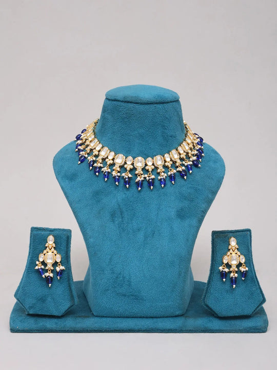 Kundan Sterling Silver Necklace Set with Blue Bead Drops