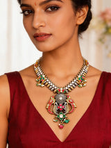 Kundan Peacock Temple Style Sterling Silver Necklace with Bead Drops