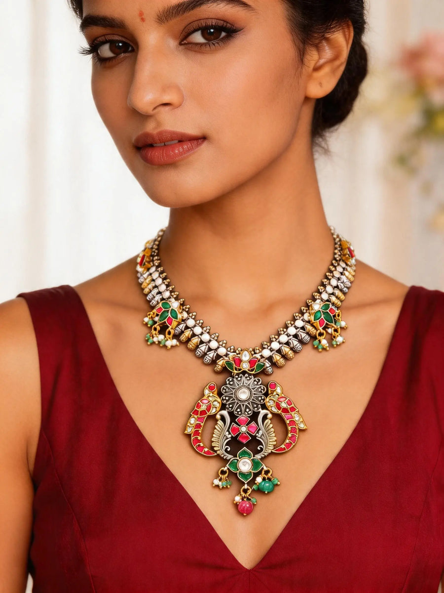 Kundan Peacock Temple Style Sterling Silver Necklace with Bead Drops