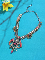 Kundan Peacock Temple Style Sterling Silver Necklace with Bead Drops