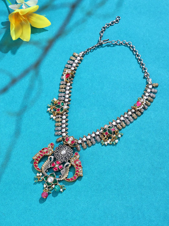 Kundan Peacock Temple Style Sterling Silver Necklace with Bead Drops