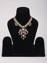 Kundan Peacock Temple Style Sterling Silver Necklace with Bead Drops