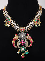 Kundan Peacock Temple Style Sterling Silver Necklace with Bead Drops