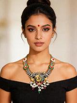 Kundan Peacock Sterling Silver Necklace with Pearl Drops