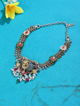 Kundan Peacock Sterling Silver Necklace with Pearl Drops