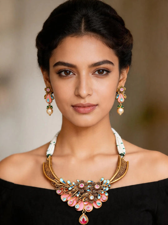 Pink Meenakari Filigree Kundan Sterling Silver Necklace Set