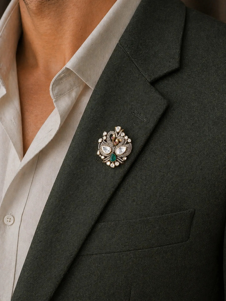 Twin Peacock Zircon Sterling Silver Brooch