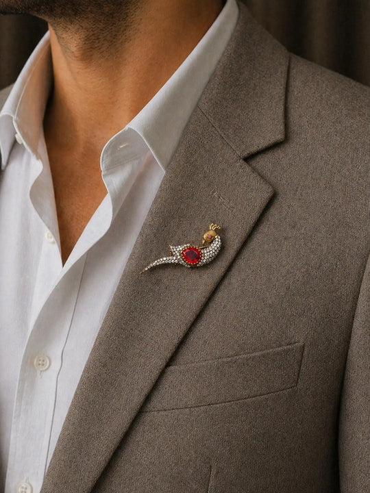Zircon Studded Sterling Silver Peacock Blazer Brooch