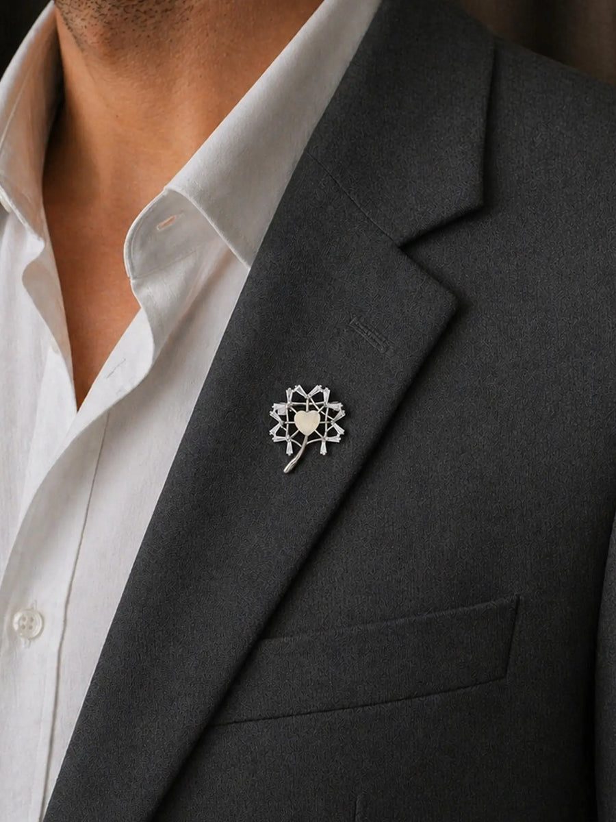Floral Heart Zircon Sterling Silver Brooch