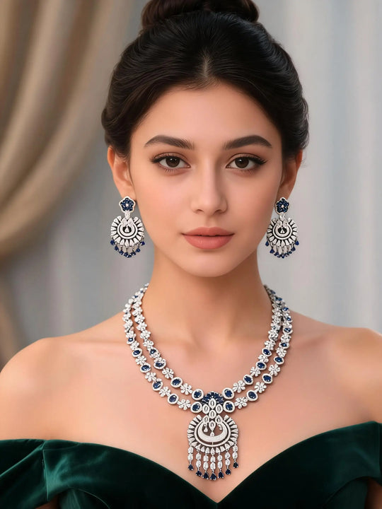 Double Strand Floral American Diamond Necklace and Earrings Set