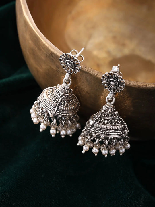 Floral Pearl Drop Sterling Silver Jhumka Earrings