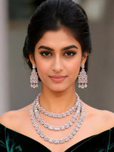 Multi-Strand Pink and White Zircon Statement Necklace and Earrings Set