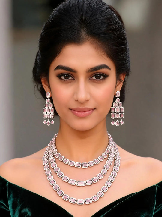 Multi-Strand Pink and White Zircon Statement Necklace and Earrings Set