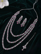 Multi-Strand Pink and White Zircon Statement Necklace and Earrings Set