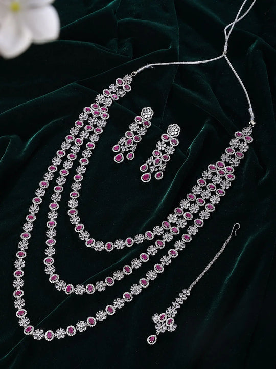 Multi-Strand Pink and White Zircon Statement Necklace and Earrings Set