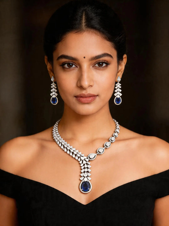 Leaf and Blue Teardrop Sterling Silver Necklace Set