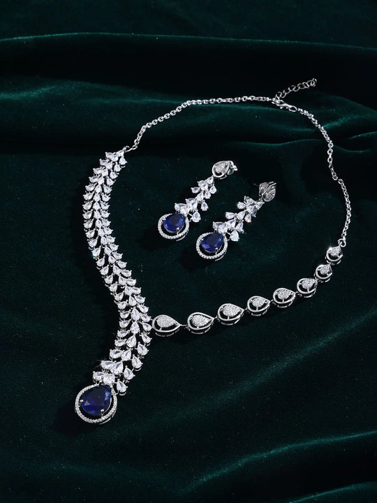 Leaf and Blue Teardrop Sterling Silver Necklace Set
