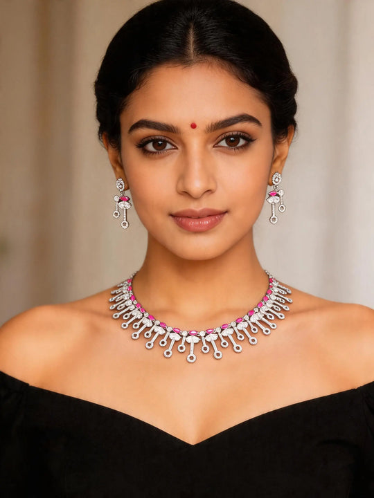 Pink Marquise Stone Sterling Silver Fringe Necklace and Earring Set