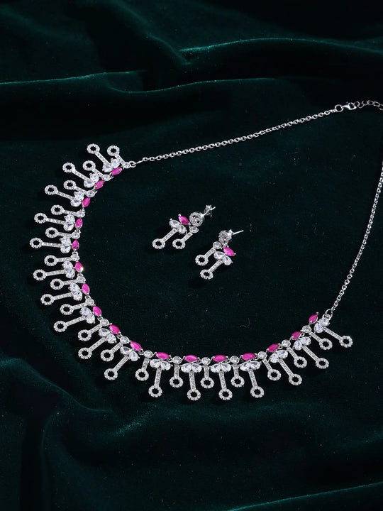 Pink Marquise Stone Sterling Silver Fringe Necklace and Earring Set