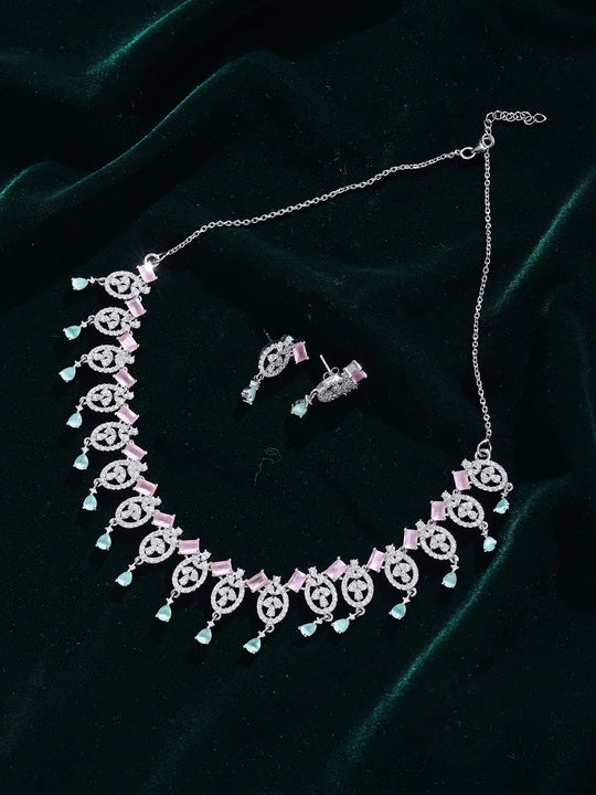 Pink and Aqua Stone Sterling Silver Necklace Set with Danglers