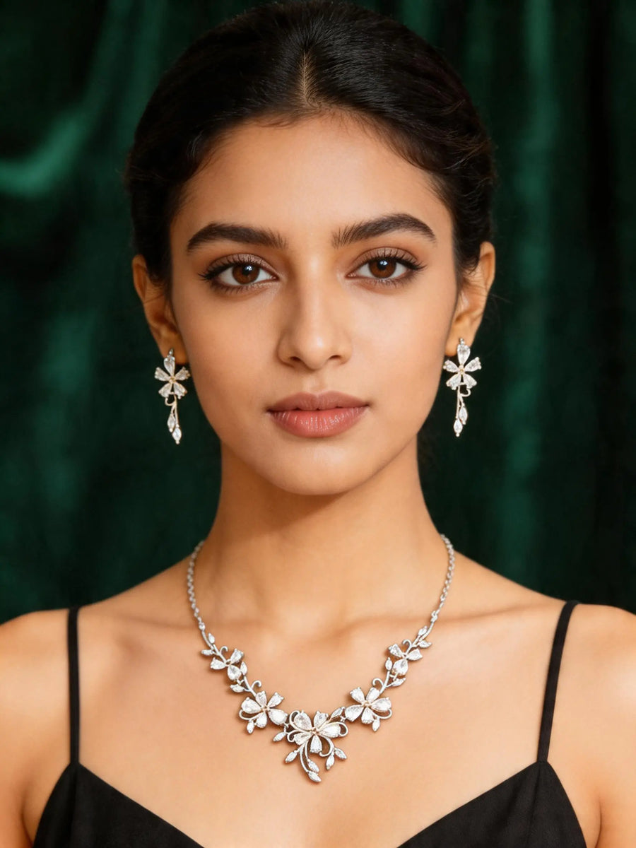 Floral Sterling Silver Adjustable Necklace and Earrings Set