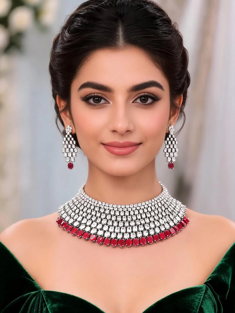 Red and White Zircon Bridal Choker and Earrings Set