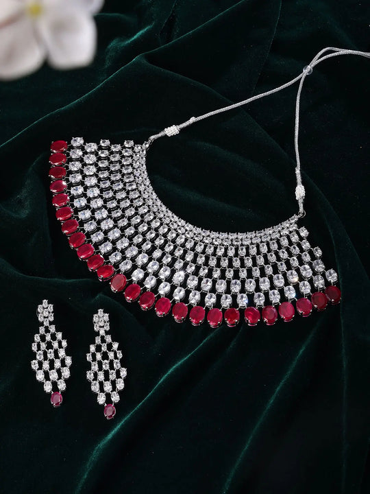 Red and White Zircon Bridal Choker and Earrings Set