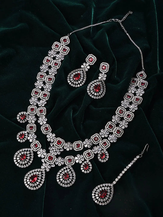 Pink Floral Teardrop American Diamond Bridal Necklace Set