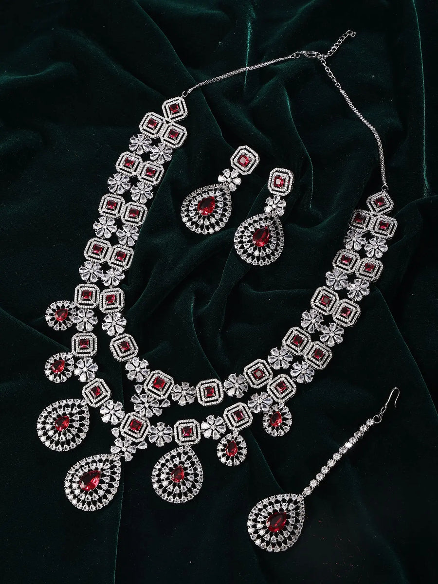 Pink Floral Teardrop American Diamond Bridal Necklace Set