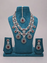 Pink Floral Teardrop American Diamond Bridal Necklace Set